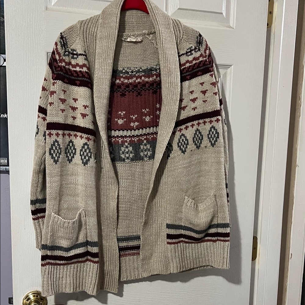 Pink Republic Beige Shawl Cardigan with Burgundy Fair Isle Panels